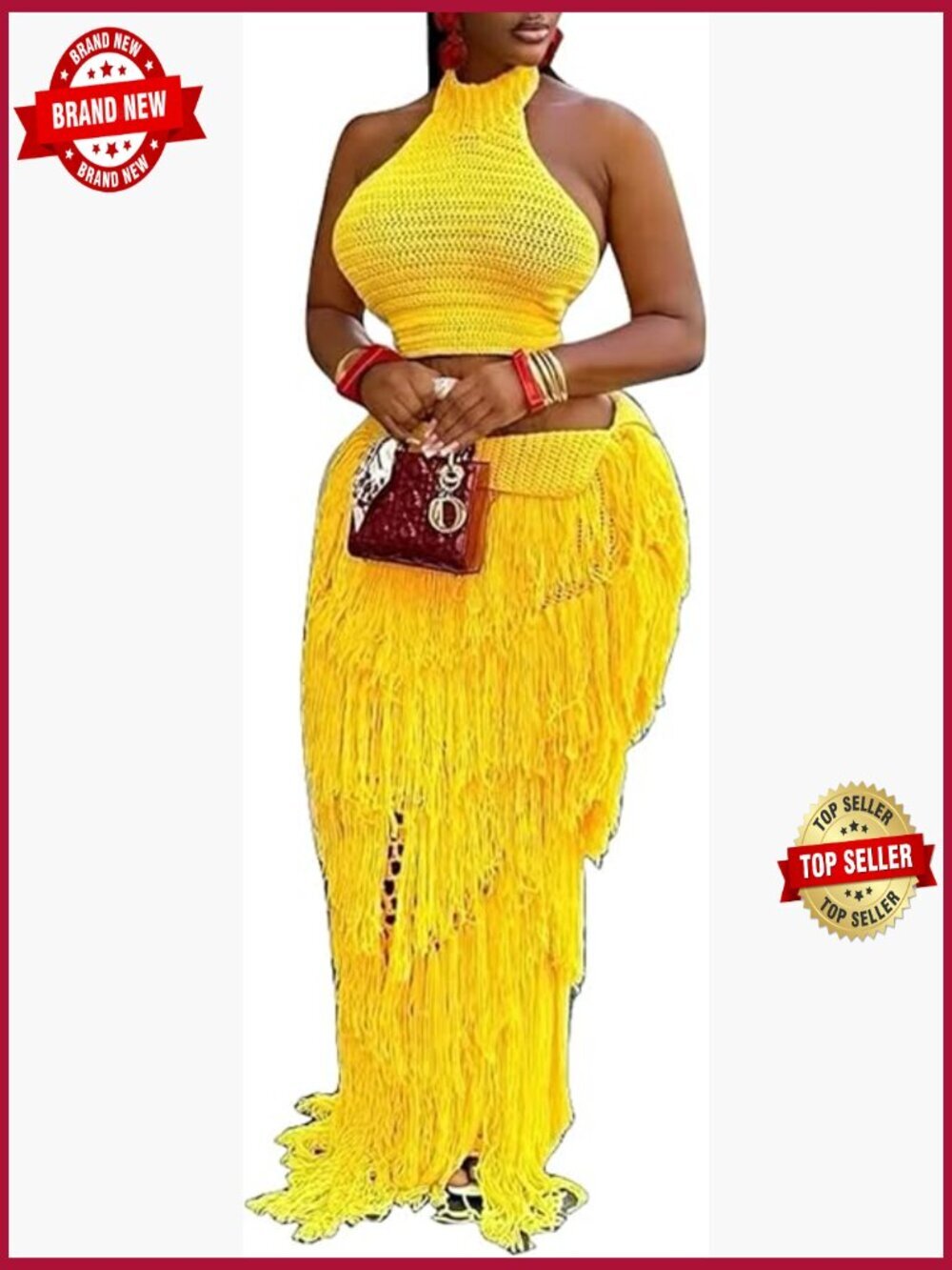 Crochet 2 Piece Set Halter Crop Top & Bodycon Long Skirt Fringe Outfit
